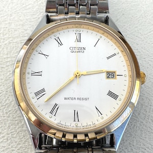 Vintage Citizen Quartz Men's Watch Two-Tone Silver Gold Stainless Steel Japan Movement Classic Roman Numerals Date Window Wristwatch