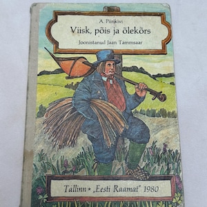 Livro infantil vintage dos anos 1980 - "Viisk, Põis ja Õlekõrs" de Ado Piirikivi, conto popular clássico da Estônia com ilustrações