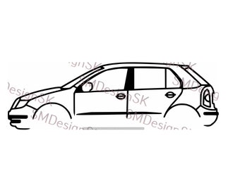May include: A black and white line drawing of a car, showing the side profile of the vehicle. The car has four doors and a hatchback.