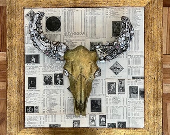 Bejewelled Longhorn “Bling” Gold and Silver Skull assemblage art.