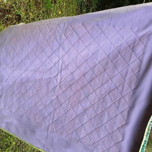 以下が含まれることがあります： ダイヤモンド模様のキルティングされたパープルブランケットで、グリーンとホワイトのトリムが付いています。