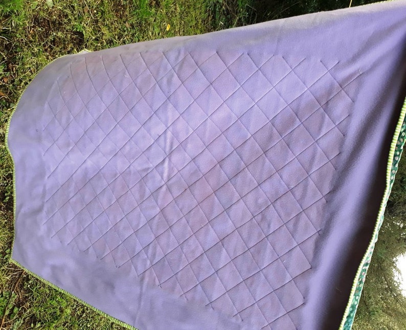 以下が含まれることがあります： ダイヤモンド模様のキルティングされたパープルブランケットで、グリーンとホワイトのトリムが付いています。