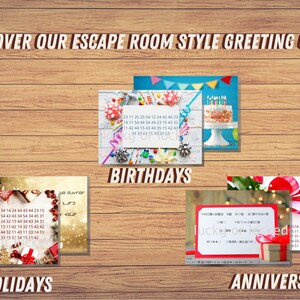 May include: Three different escape room style greeting cards. The first card has a red and green holiday theme with a Christmas tree and presents. The second card has a birthday theme with a cake and balloons. The third card has an anniversary theme with a gift box and red ribbon.