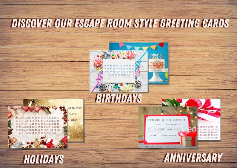 May include: Three different escape room style greeting cards. The first card has a red and green holiday theme with a Christmas tree and presents. The second card has a birthday theme with a cake and balloons. The third card has an anniversary theme with a gift box and red ribbon.