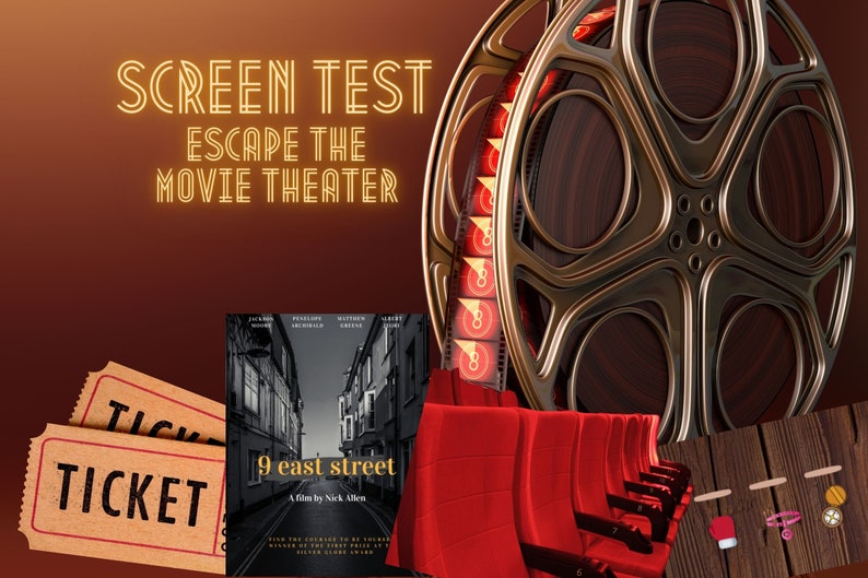 May include: A movie theater themed escape room game with a film reel, movie tickets, and a poster for the film "9 East Street".