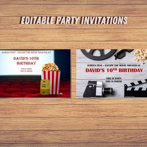 May include: Editable party invitations for a movie-themed birthday party. The invitations feature a red and white striped popcorn bucket, a movie ticket, and a movie screen. The text on the invitations reads "Screen Test - Escape the Movie Theater at David's 10th Birthday".