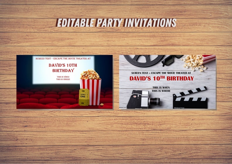 May include: Editable party invitations for a movie-themed birthday party. The invitations feature a red and white striped popcorn bucket, a movie ticket, and a movie screen. The text on the invitations reads "Screen Test - Escape the Movie Theater at David's 10th Birthday".