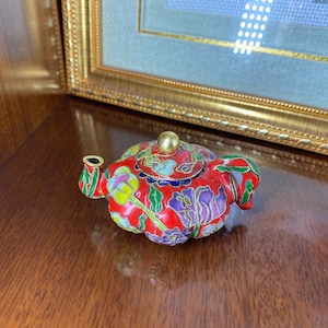 Vintage Chinese Red Enamel Cloisonne Teapot Ornament for Home Decor