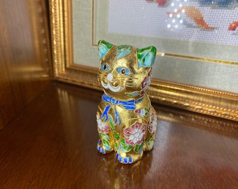 Vintage Enamel Cloisonne Golden Cat Figurine, Decorative Animal Ornament