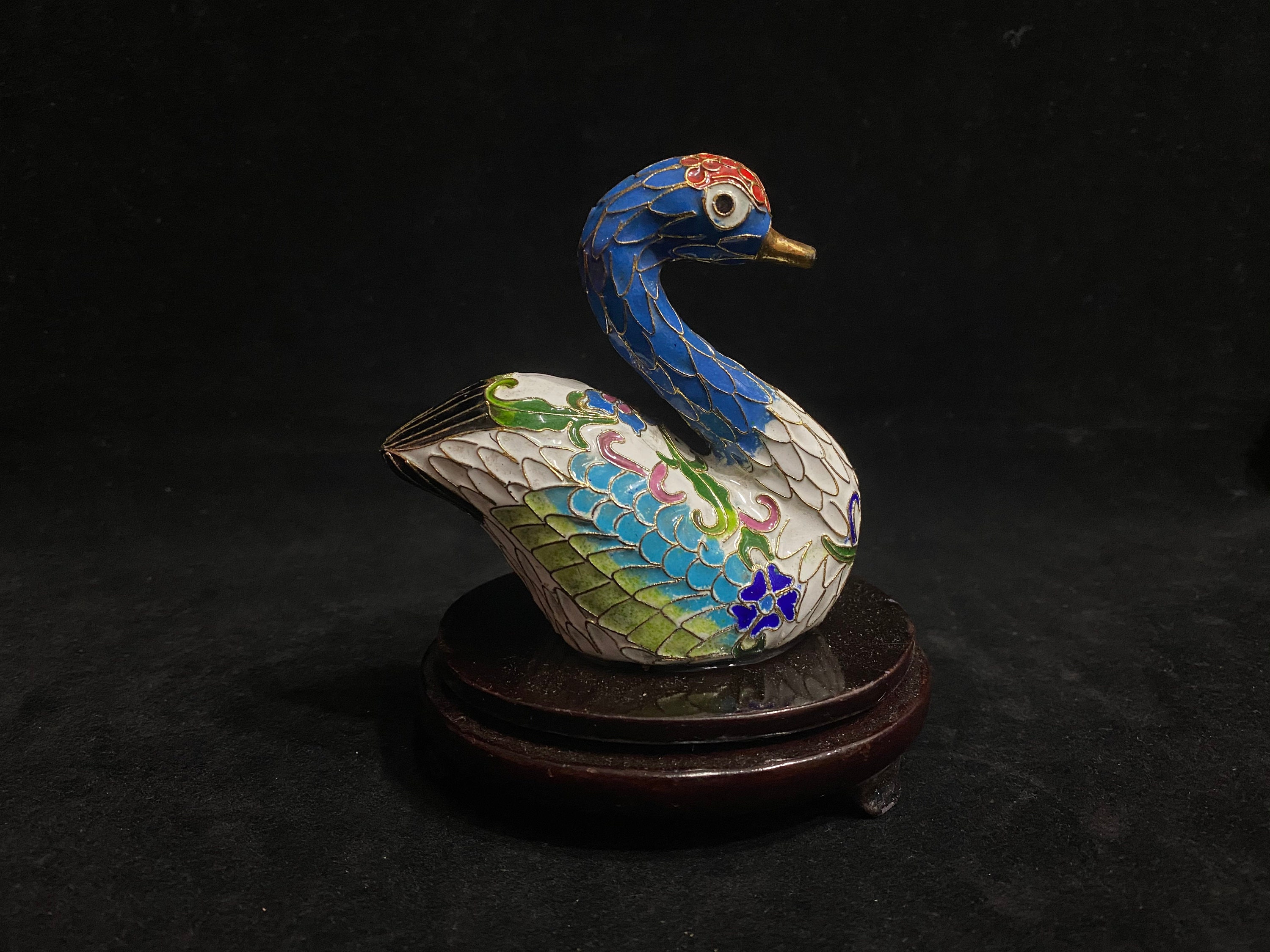 ヴィンテージ 七宝焼き 11 cm 鮮やかなカラフルな白鳥 木製