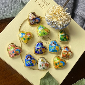 Vintage Cloisonne Enamel Heart Beads with Butterfly and Floral pattern.