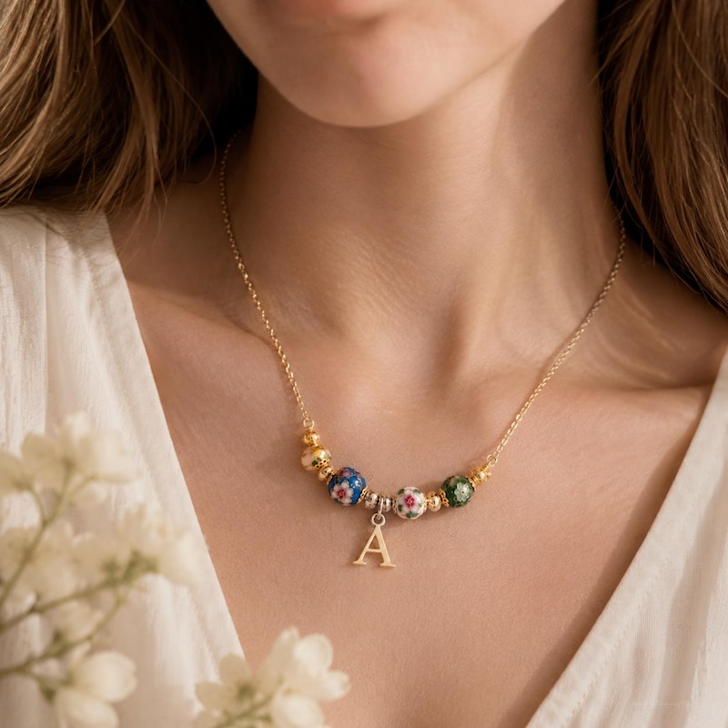 Personalized Initial Necklace With Cloisonne Bead, Custom Letter Necklace, Handmade Enamel Jewelry, Birthday Gift For Her, Mother's Day Gift