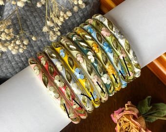 Floral Enamel Bangle Bracelet, Gold Tone Flower Bracelet, Delicate Spring Jewelry, Gift for Her