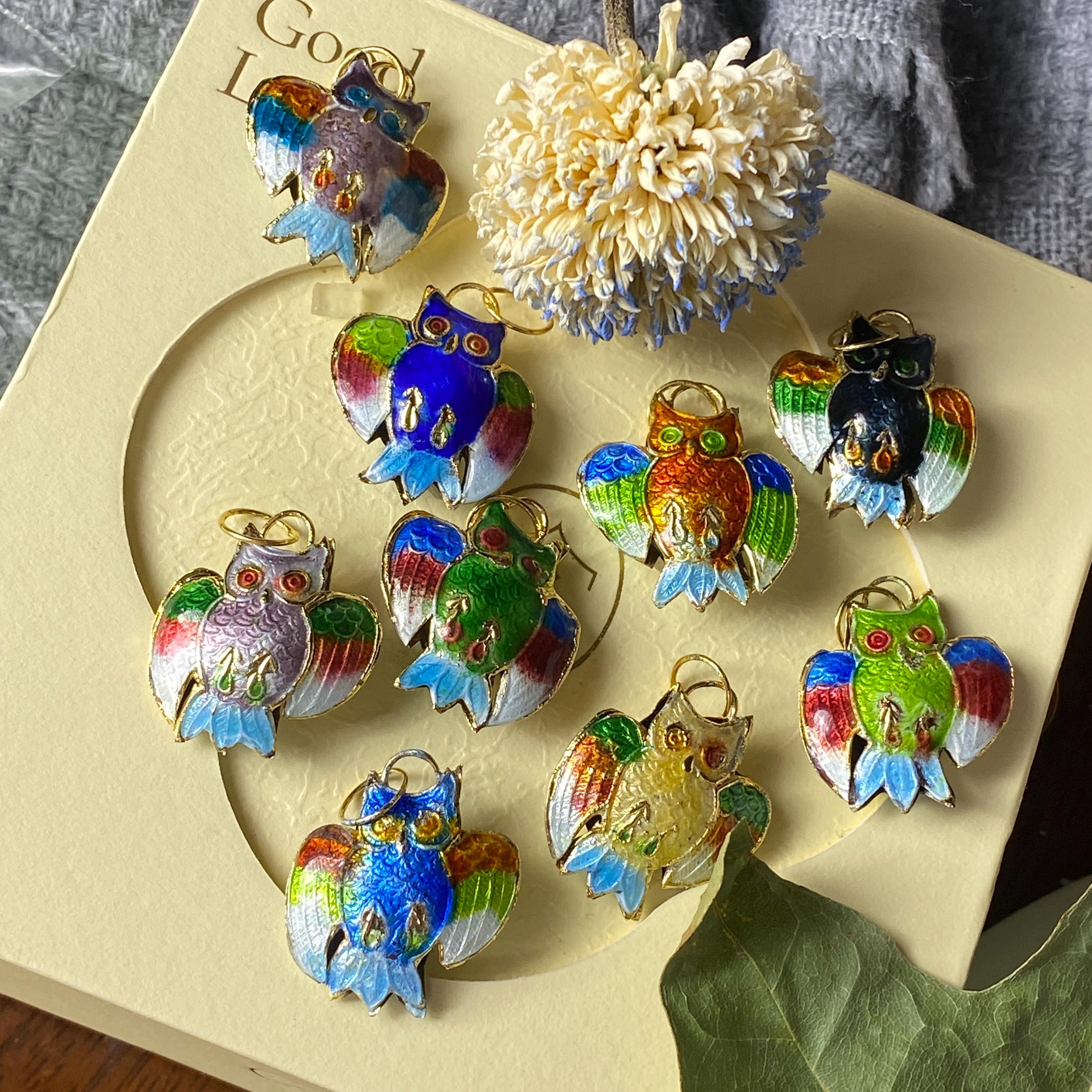 Vantage Cloisonne Enamel Owl Beads, Bird Bracelet Charms