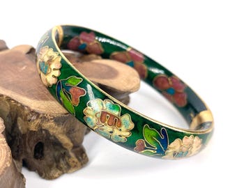 Vintage Exquisite Cloisonne Open Bangle, 12mm Width and 6.2 Inner Diameter