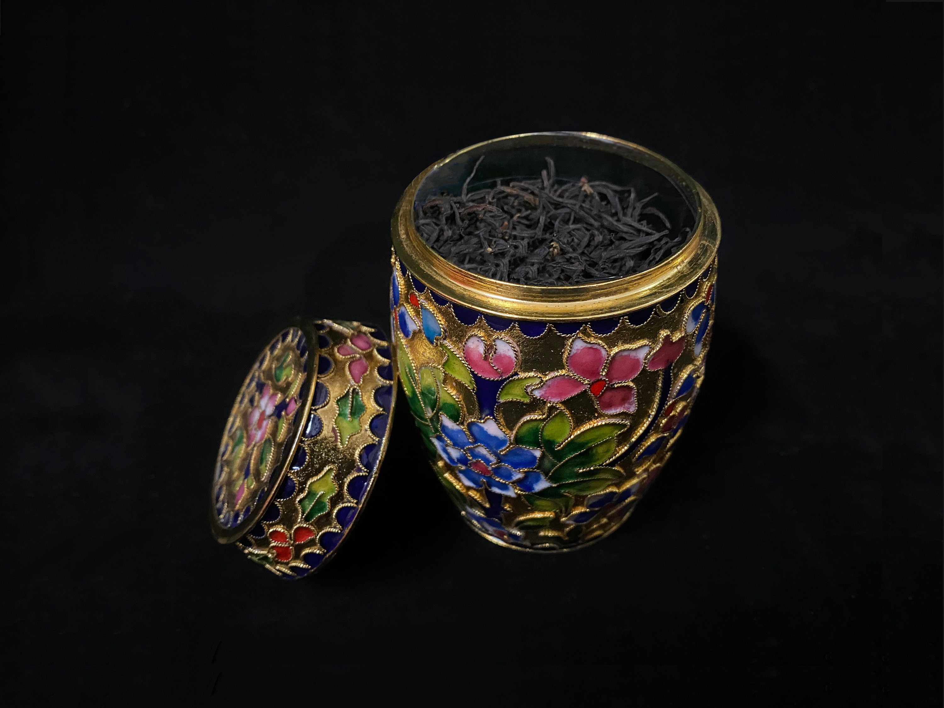 Vintage Cloisonne Tea Canister: Handmade Floral Gold Pattern