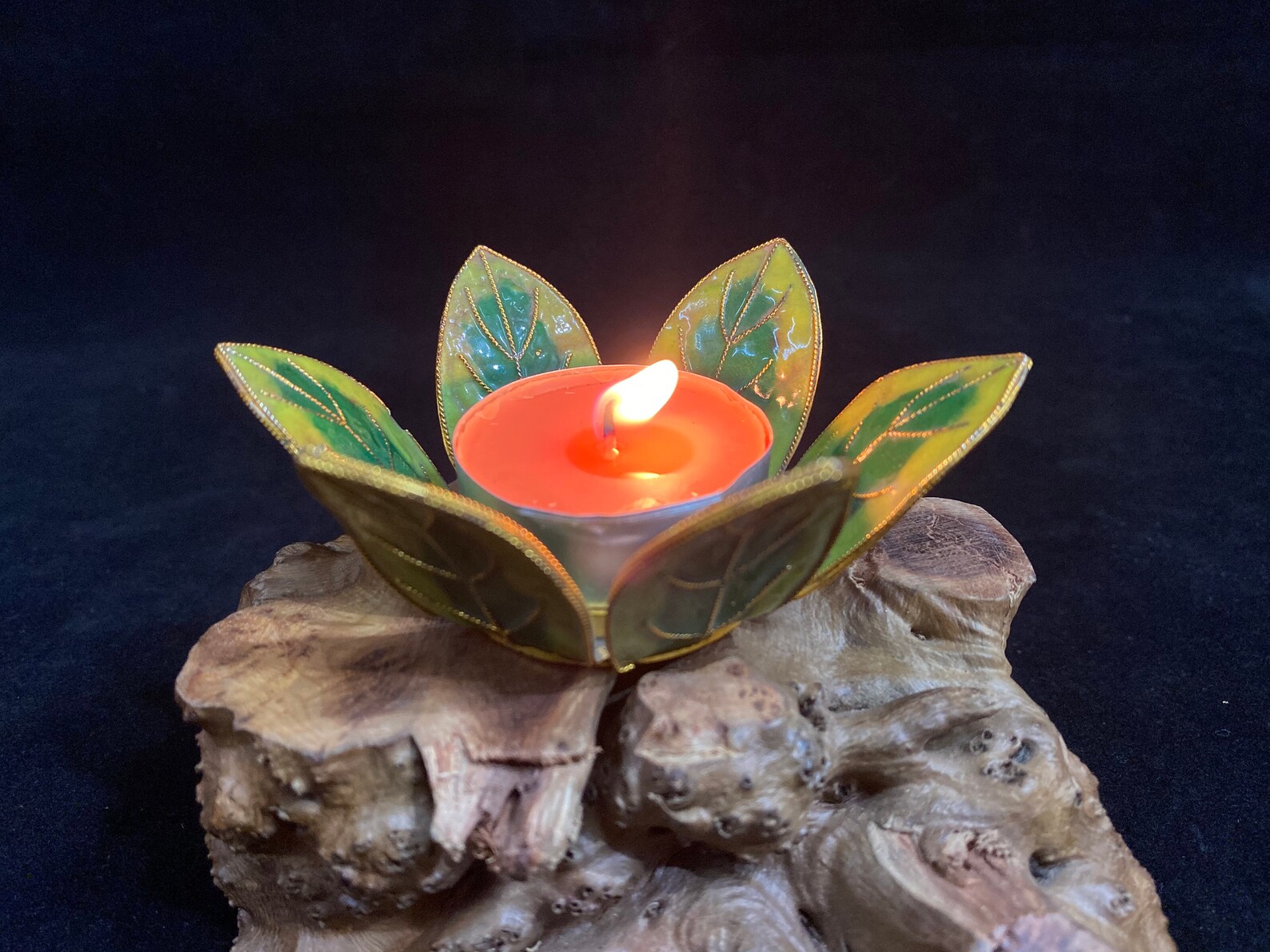 Cloisonne Vintage Candle holder 1990s Green six leaves Etsy