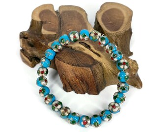 Pulsera vintage ajustable de cloisonné con cuentas redondas de esmalte de 10 mm.