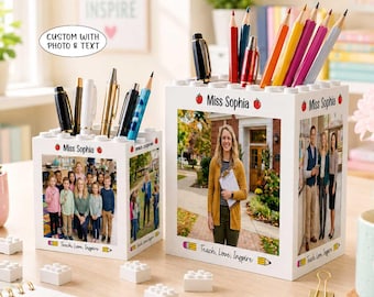 Portalápices personalizado con foto para profesores, portalápices con forma de bloques de construcción, regalo para profesores, organizador de escritorio, regreso a clases, agradecimiento a los profesores.