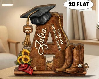 Bloque de madera personalizado para graduación estilo western, botas vaqueras, regalo de graduación para la promoción de 2026, regalo para graduados universitarios, letrero de madera con iniciales para graduación.