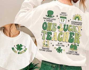 Camiseta del día de San Patricio para maestros, camiseta personalizada para maestros, un maestro afortunado, camiseta retro del día de San Patricio para maestros, camiseta de trébol, regalo para maestros