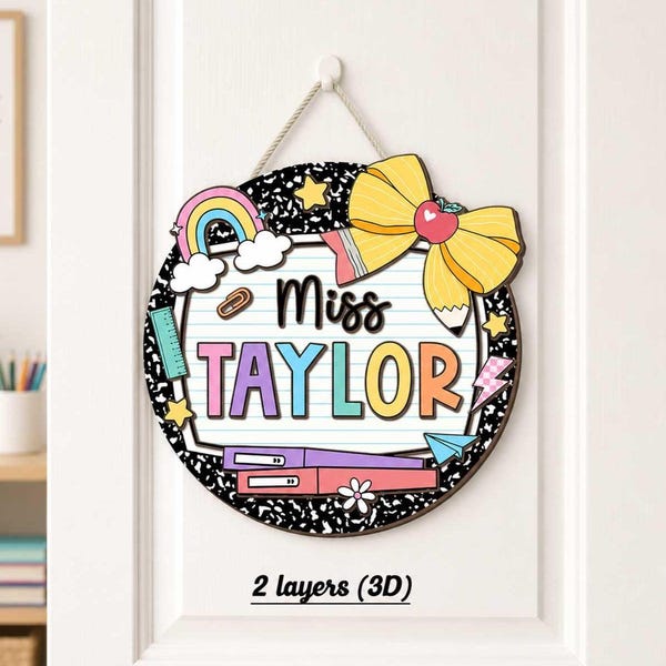 Teacher Appreciation Gift, Custom Teacher Door Hanger Composition Book 3D Wooden Sign, Teacher Name Class Welcome Sign, Back To School Gift