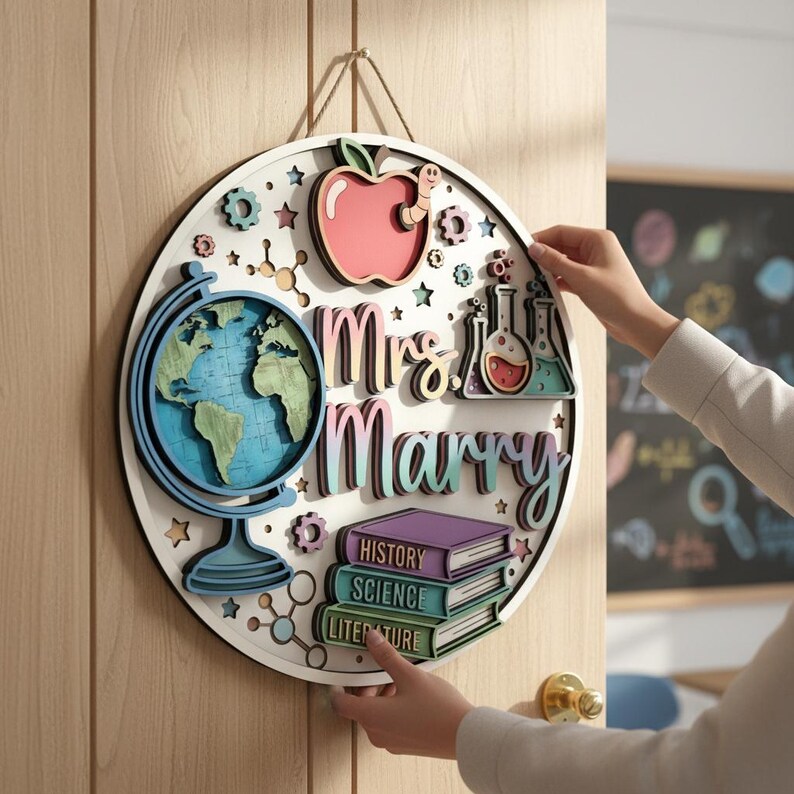 Personalized Teacher Door Sign, 3D Wooden Classroom Hanger, Custom Name ...