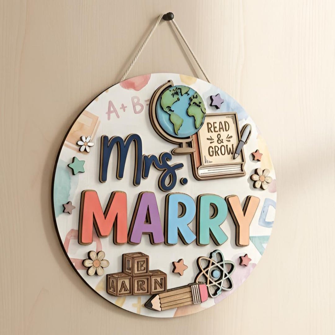Personalized Teacher Door Sign, 3D Wood Classroom Name Hanger, Custom ...