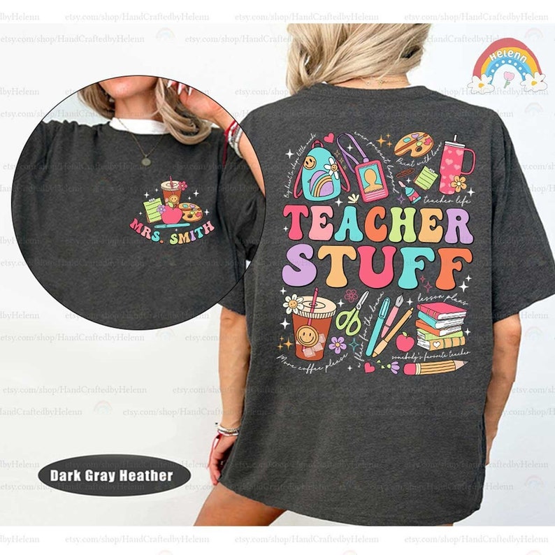 Colorful, bold lettering spells out TEACHER STUFF, framed by delightful illustrations of a backpack, a clipboard, scissors, and a pencil, encapsulating a playful take on school accessories.