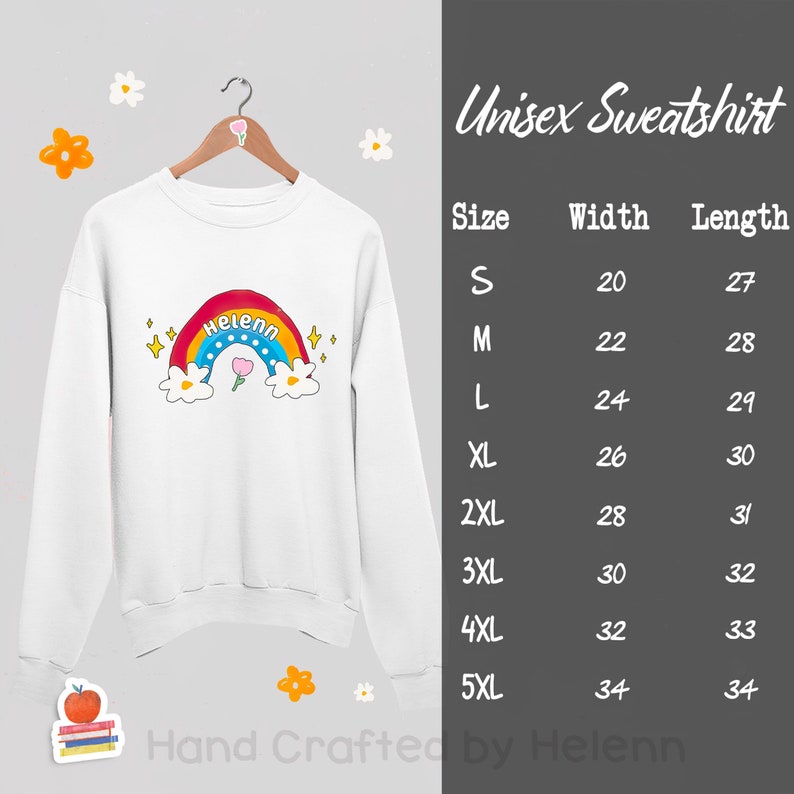May include: White unisex sweatshirt with a rainbow, clouds, and the word "Helenn" printed on the front. The sweatshirt is available in sizes S-5XL with measurements listed in inches.