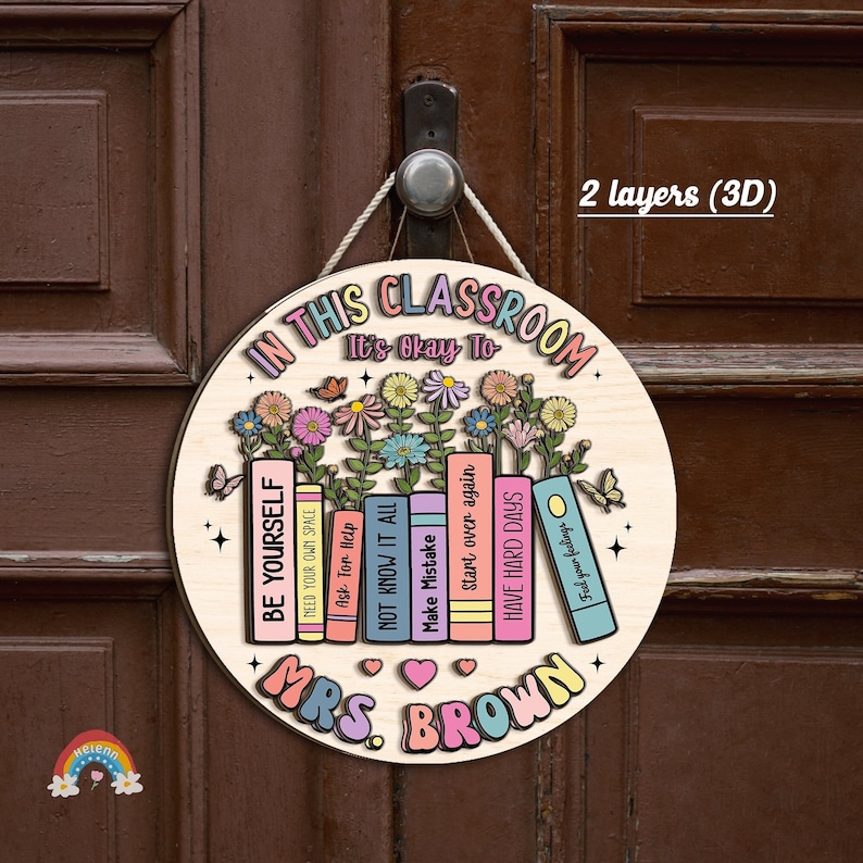 Teacher Door Hanger With Flowers, Customized Teacher Name Sign for ...