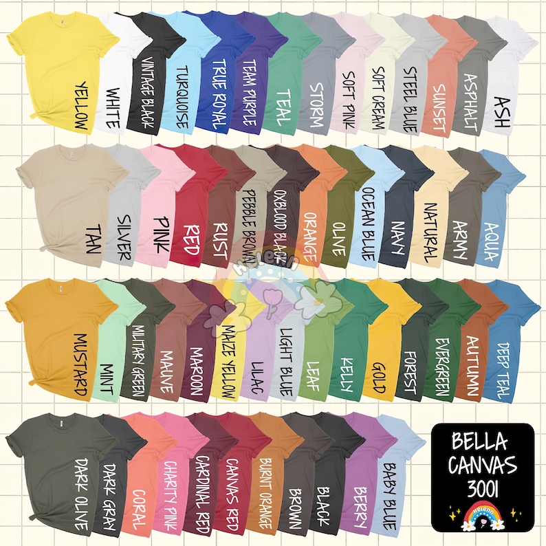 May include: A chart of 36 different colored t-shirts, each with a name printed below. The t-shirts are arranged in rows and columns. The t-shirts are all Bella Canvas 3001.