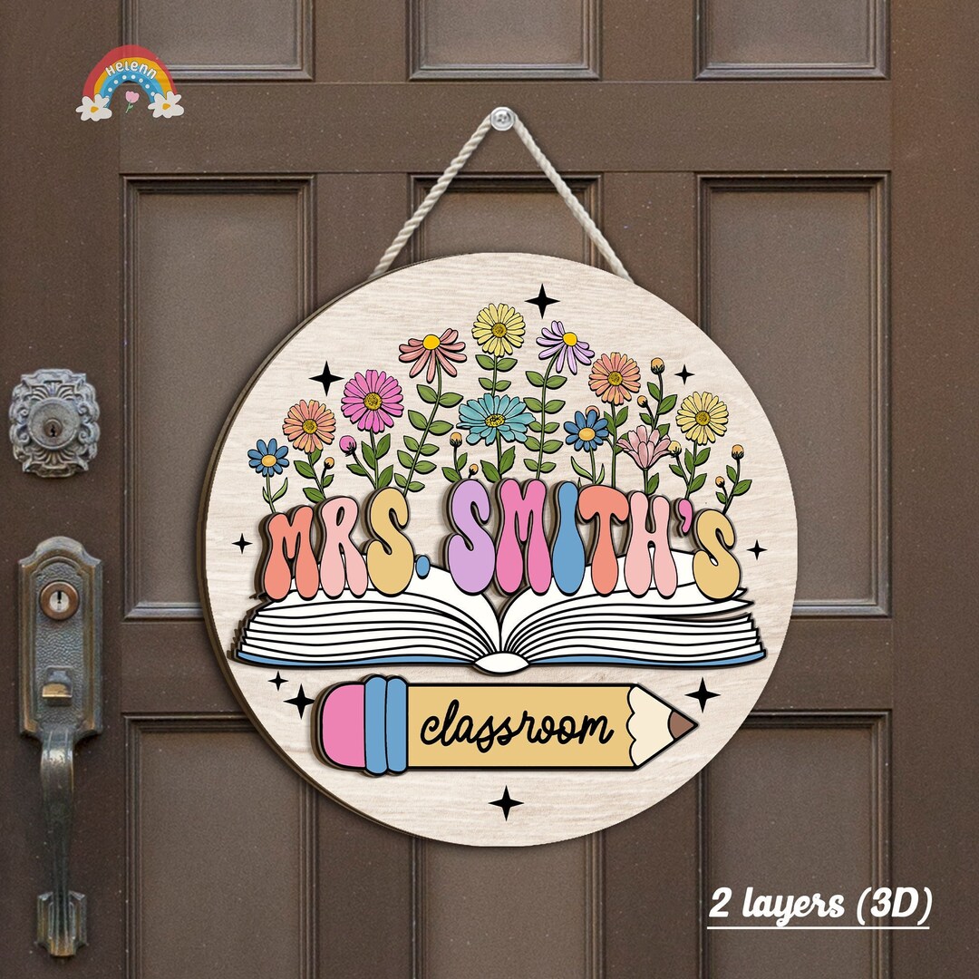 Custom Teacher Door Hanger With Flowers, Teacher Name Sign for ...