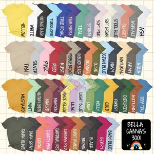 Puede incluir: Una tabla de colores de camisetas Bella Canvas 3001. La tabla muestra 36 colores diferentes, incluyendo ceniza, aqua, azul teal oscuro, oto&ntilde;o, ej&eacute;rcito, puesta de sol, verde perenne, natural, azul acero, bosque, azul marino, crema suave, azul oc&eacute;ano, rosa suave, verde kelly, oliva, tormenta, azul beb&eacute;, baya, negro, naranja, hoja, marr&oacute;n, azul verdoso, negro sangre de buey, azul claro, naranja quemado, morado equipo, lila, marr&oacute;n guijarro, amarillo ma&iacute;z, rojo lienzo, azul real, &oacute;xido, rojo, granate, rojo cardenal, turquesa, rosa, malva, rosa caridad, negro vintage, verde militar, coral, plata, blanco, menta, gris oscuro, marr&oacute;n, amarillo, mostaza y oliva oscuro.