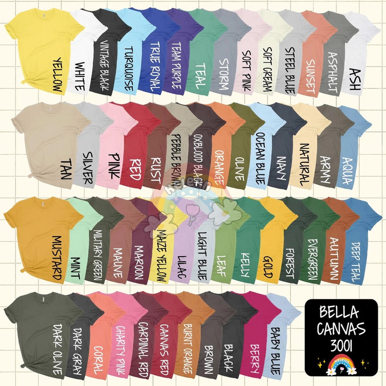 Puede incluir: Una tabla de colores de camisetas Bella Canvas 3001. La tabla muestra 36 colores diferentes, incluyendo ceniza, aqua, azul teal oscuro, oto&ntilde;o, ej&eacute;rcito, puesta de sol, verde perenne, natural, azul acero, bosque, azul marino, crema suave, azul oc&eacute;ano, rosa suave, verde kelly, oliva, tormenta, azul beb&eacute;, baya, negro, naranja, hoja, marr&oacute;n, azul verdoso, negro sangre de buey, azul claro, naranja quemado, morado equipo, lila, marr&oacute;n guijarro, amarillo ma&iacute;z, rojo lienzo, azul real, &oacute;xido, rojo, granate, rojo cardenal, turquesa, rosa, malva, rosa caridad, negro vintage, verde militar, coral, plata, blanco, menta, gris oscuro, marr&oacute;n, amarillo, mostaza y oliva oscuro.