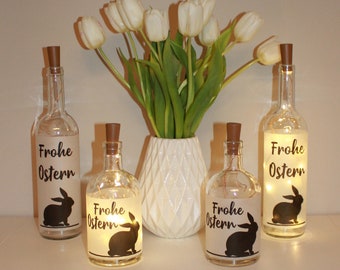 Ostergeschenk - Frohe Ostern mit Hasensilouhette - beleuchtete Flasche, Dekoflasche, Flasche LED Beleuchtung, Leuchtflasche