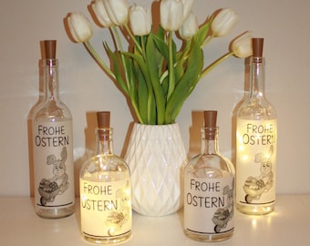 Ostergeschenk - Frohe Ostern mit Osterhase und Schubkarre - beleuchtete Flasche, Dekoflasche, Flasche LED Beleuchtung, Leuchtflasche