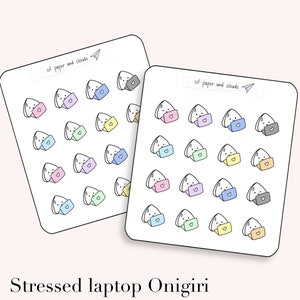 Autocollant onigiri pour ordinateur portable stressé - autocollant emoti de caractère travail, école et productivité