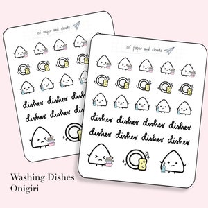 Laver la vaisselle Onigiri - Autocollant emoti de personnage de corvées et de nettoyage pour les planificateurs, les albums, les bullet journaux et les listes de choses à faire