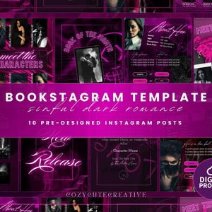 Peut inclure: Un modèle Bookstagram numérique, dans des tons de rose foncé et de violet, pour Instagram. Il comprend 10 publications pré-conçues avec du texte tel que "Meet the Characters" et "New Release". Le thème est "sinful dark romance".