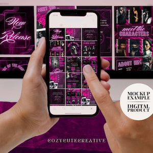 Pode incluir: Um smartphone exibe uma maquete de produto digital com um design rosa escuro e branco. A tela mostra um modelo de m&iacute;dia social com o texto "New Release" e "Meet the Characters". As palavras "Mockup Example" e "Digital Product" tamb&eacute;m s&atilde;o vis&iacute;veis.