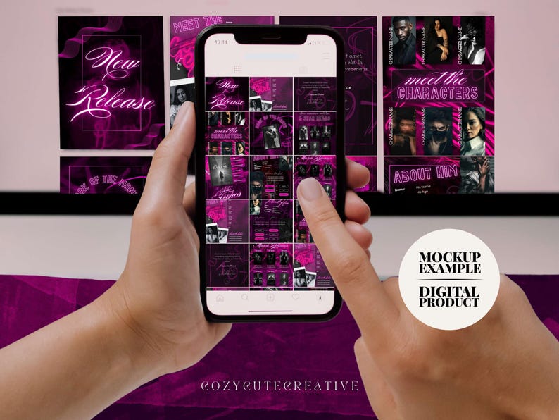 Pode incluir: Um smartphone exibe uma maquete de produto digital com um design rosa escuro e branco. A tela mostra um modelo de m&iacute;dia social com o texto "New Release" e "Meet the Characters". As palavras "Mockup Example" e "Digital Product" tamb&eacute;m s&atilde;o vis&iacute;veis.