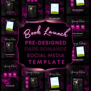 Può includere: Un modello di social media viola scuro per il lancio di un libro. Il design include il testo "Book Launch" e "Pre-Designed Dark Romance Social Media Template". Sono presenti anche diversi mockup di e-reader e copertine di libri.