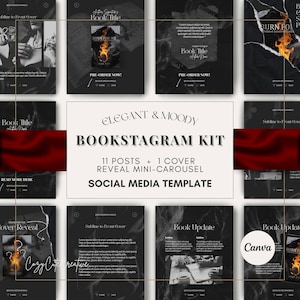May include: A social media template kit for bookstagram, featuring 11 posts and 1 cover reveal mini-carousel. The design is elegant and moody, with a black and white color scheme. The template includes the text "Book Title" and "Pre-Order Now!"