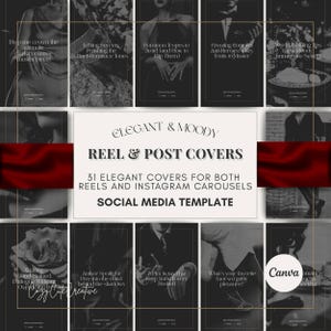 May include: A social media template with 31 elegant reel and post covers. The design features a moody aesthetic with dark backgrounds and text overlays. The covers include phrases like "Dark Romance" and "Author Spotlight."