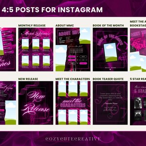 Pode incluir: Um modelo de design gr&aacute;fico digital para posts do Instagram, com um esquema de cores rosa escuro e roxo. O design inclui elementos de texto como "TEN 4:5 POSTS FOR INSTAGRAM" e v&aacute;rias categorias de conte&uacute;do como "THE TROPES" e "5 STAR READS".