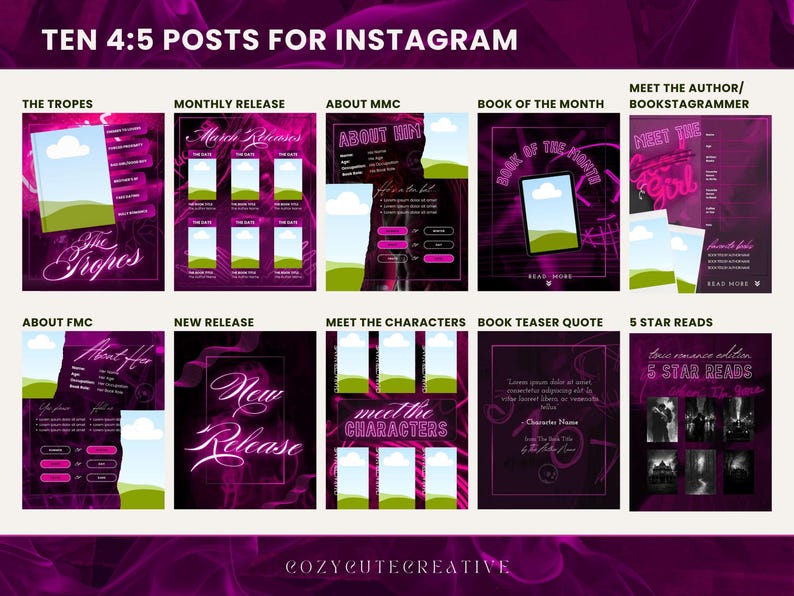 Pode incluir: Um modelo de design gr&aacute;fico digital para posts do Instagram, com um esquema de cores rosa escuro e roxo. O design inclui elementos de texto como "TEN 4:5 POSTS FOR INSTAGRAM" e v&aacute;rias categorias de conte&uacute;do como "THE TROPES" e "5 STAR READS".