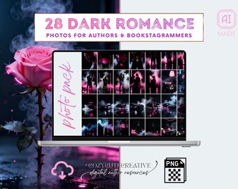 May include: A laptop displays a photo pack with 28 dark romance photos. The screen shows images with a pink and black color scheme. A pink rose and the text "28 DARK ROMANCE" are also visible. The text "PHOTOS FOR AUTHORS & BOOKSTAGRAMMERS" is also present.