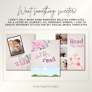 Pode incluir: Imagem de arte digital com tr&ecirc;s modelos de m&iacute;dia social com as palavras "Read Write" e "Write & Read". Os modelos t&ecirc;m uma est&eacute;tica rom&acirc;ntica com imagens florais e de casal. O texto "Want something sweeter?" est&aacute; no topo.