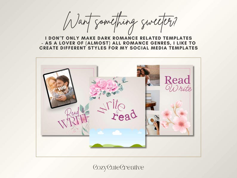 Pode incluir: Imagem de arte digital com tr&ecirc;s modelos de m&iacute;dia social com as palavras "Read Write" e "Write & Read". Os modelos t&ecirc;m uma est&eacute;tica rom&acirc;ntica com imagens florais e de casal. O texto "Want something sweeter?" est&aacute; no topo.